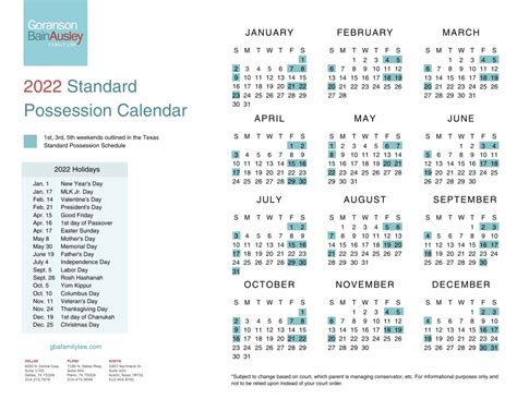 Standard Possession Calendar 2022